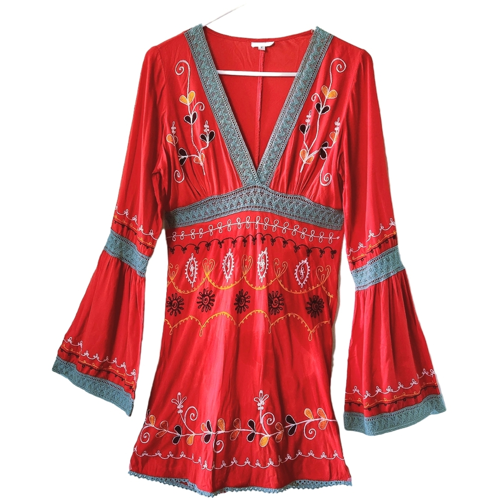 Debbie Katz South Beach Embroidered Red Boho Dress Swim Cover Size Small